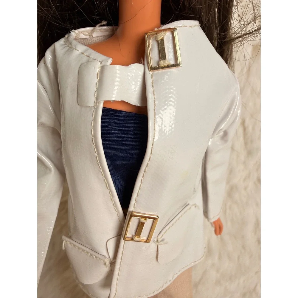 Vintage 1960s Barbie Clone White Faux Leather Coat Mod Doll Clothes Buckles